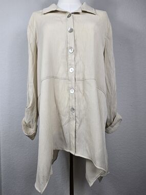 New Directions Boho Mushroom Lagenlook Tunic Top High Low Button Up NWT L